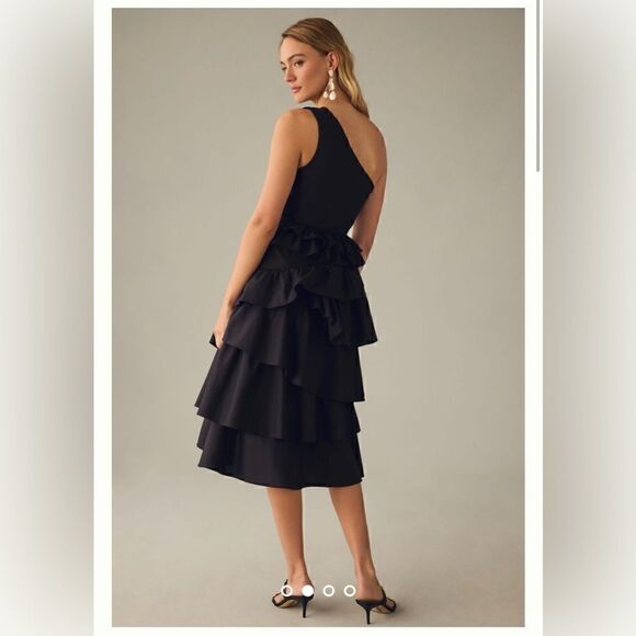 Anthropologie One-Shoulder Tiered Midi Dress Size 12 - Picture 2 of 4